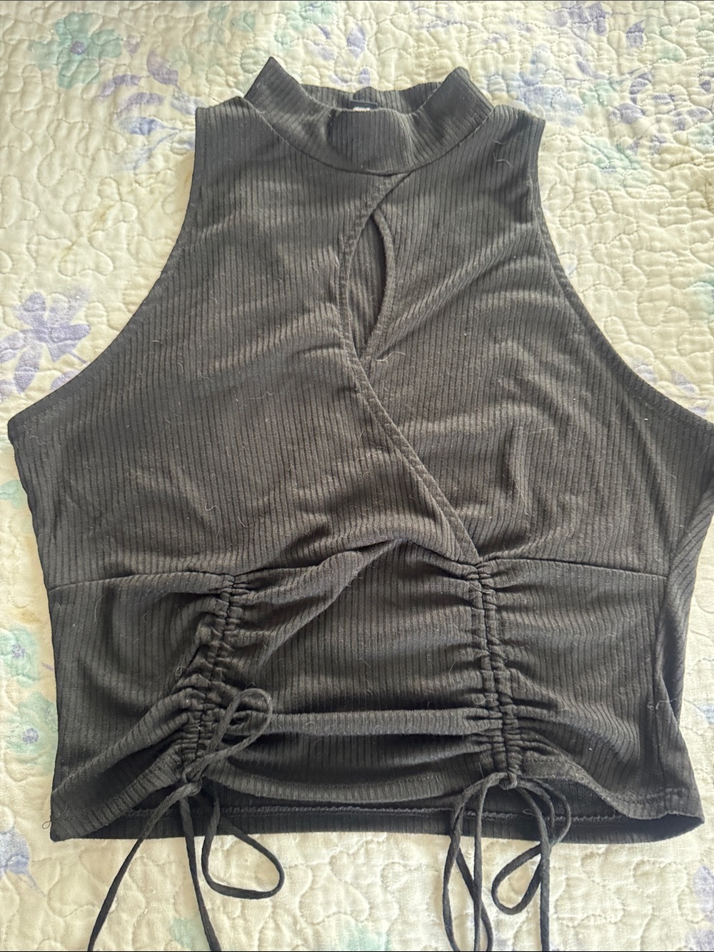 Windsor Black Ribbed Mock Neck Ruched Drawstring Crop Top